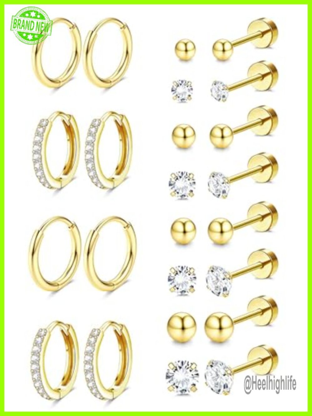 Hypoallergenic 14K Gold Plated Flat Back Stud & Hoop Earrings Set for Women